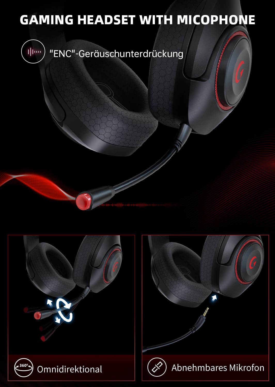 Gaming Headset, 2.4GHz USB Wireless Gaming Headset für PS5/PS4/PC/MAC, Gaming-Kopfhörer mit abnehmbarem Mikrofon, ENC Noise Cancelling, Bluetooth 5.2, 40H Battery, 3,5mm Wired Xbox Headset, Rot