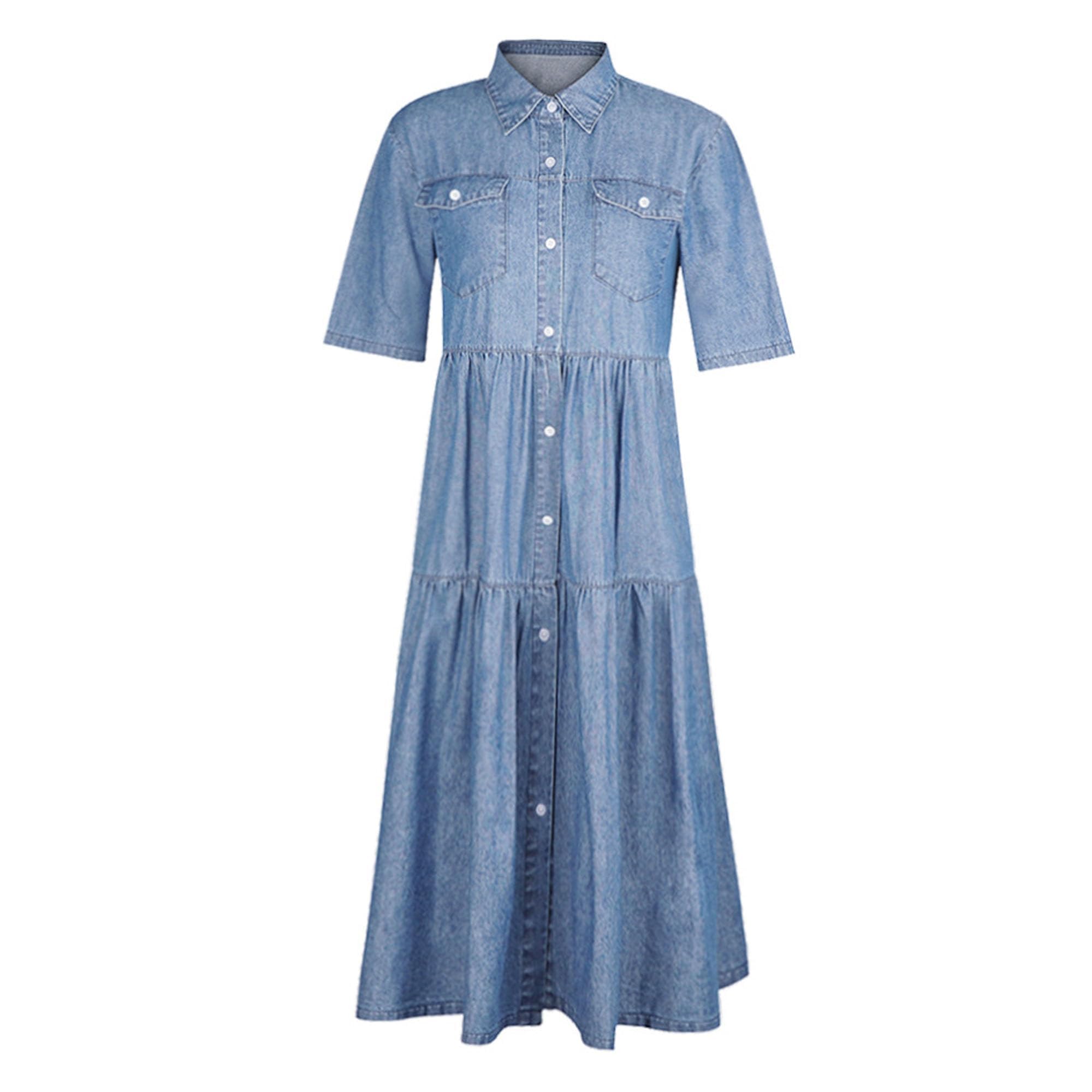 Women's Vintage Denim Dresses Casual Loose Long Distressed Jean Sundress Summer Short Sleeve Button Shift Dress (XX-Large,Light Blue)
