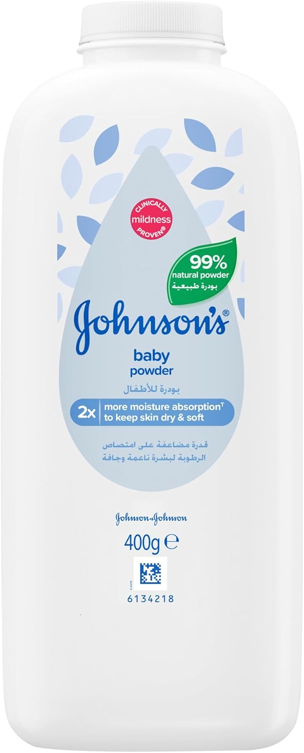 Johnson's Baby Powder, Cornstarch Formulation, 99% Plant-Based Powder, Talc-free, Absorbs Moisture & Protects Skin, Classic Baby Fragrance, Dermatologist Tested, 400g