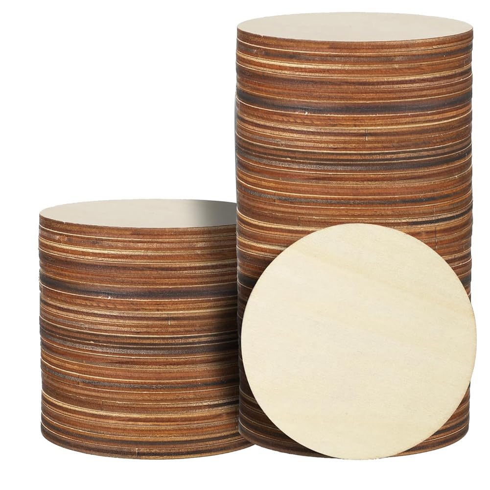 Sunmeit Wood Color 36 Pcs 4 Inch Wood Circles Unfinished Round Wooden Discs Blank Wood Rounds Natural Wood Round Cutouts Slices
