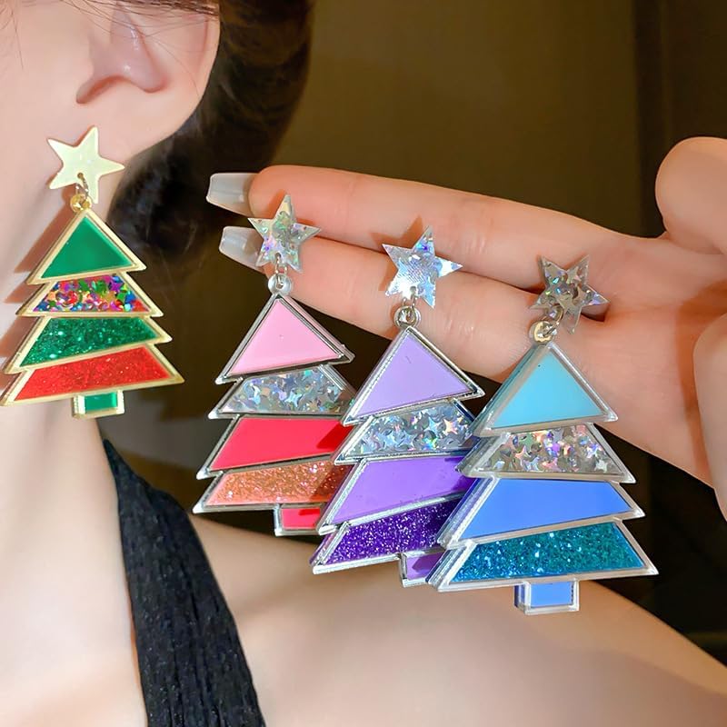 Christmas Earrings for Women Colour Christmas Tree Earrings Acrylic Glitter Earrings Lightweight Stars Drop Dangle Earrings - Image 3