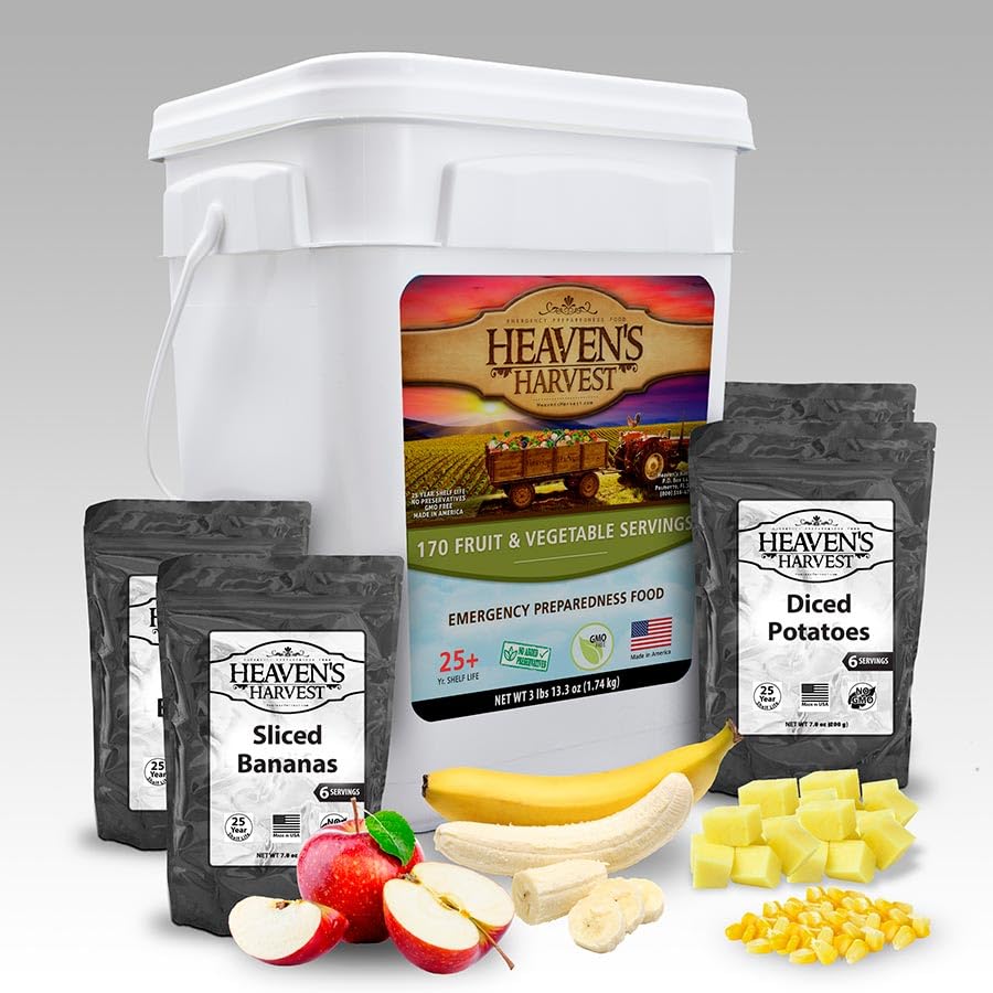 Heaven’s Harvest 25-Year Fruit & Veggies Family Food Kit — Emergency Food Supply. Freeze Dried Survival Food Kit + Water-Proof 25-Year Storage Bucket. (170 Servings)