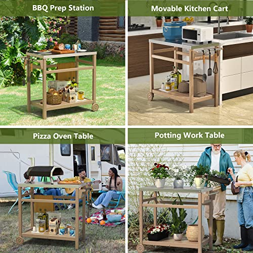 TORVA Outdoor Prep Grill Carts, 303 Stainless Steel Tabletop with High Load Capacity Portable BBQ Table, HDPE Durable Frame 2-Tier Storage Cart, Wood - Thumbnail 4