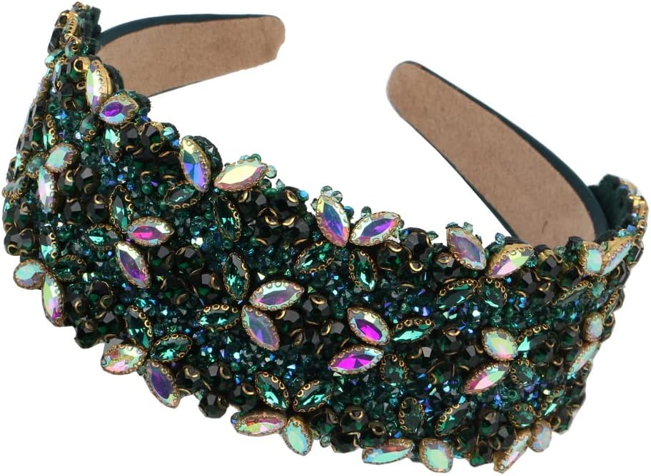 Florate Big Crystal Jeweled Hairbands Baroque Wide Edge Full Rhinestone Beads Headband for Women Party Hair Accessories (green)