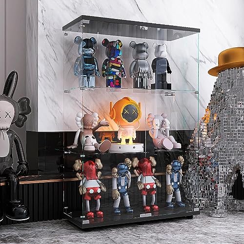 APRILSOUL Glass Display Cabinet with 3 Shelves,Double Doors Curio Cabinets, Floor Standing Display Cage, for Living Room Bedroom Office, 49 x 31.7 x 14.3 in, Black