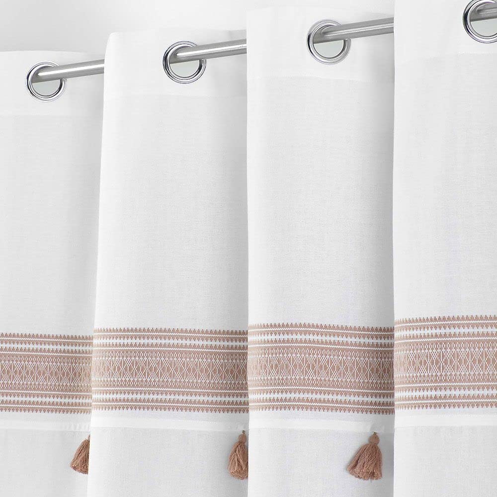 Douceur D'Intérieur Tenda Con Occhielli Amaya 140x240 Cm - Cotone Rosa Con Ricamo E Pompon, Per Soggiorno E Camera Da Letto - 4