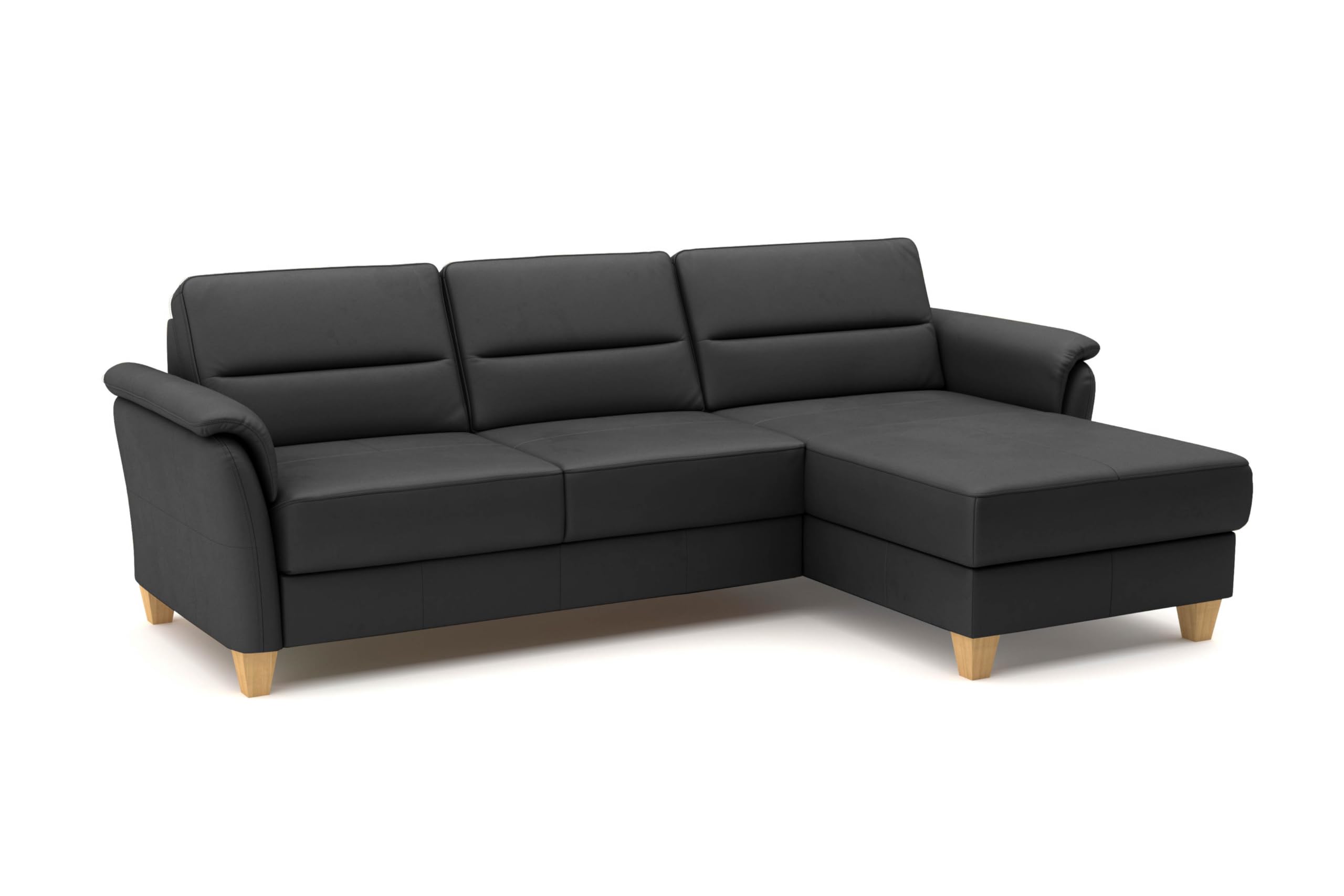 CAVADORE Leder-Eckcouch Palera mit Longchair / Landhaus-Sofa mit Federkern + massiven Holzfüßen / 244 x 89 x 163 / Leder Schwarz
