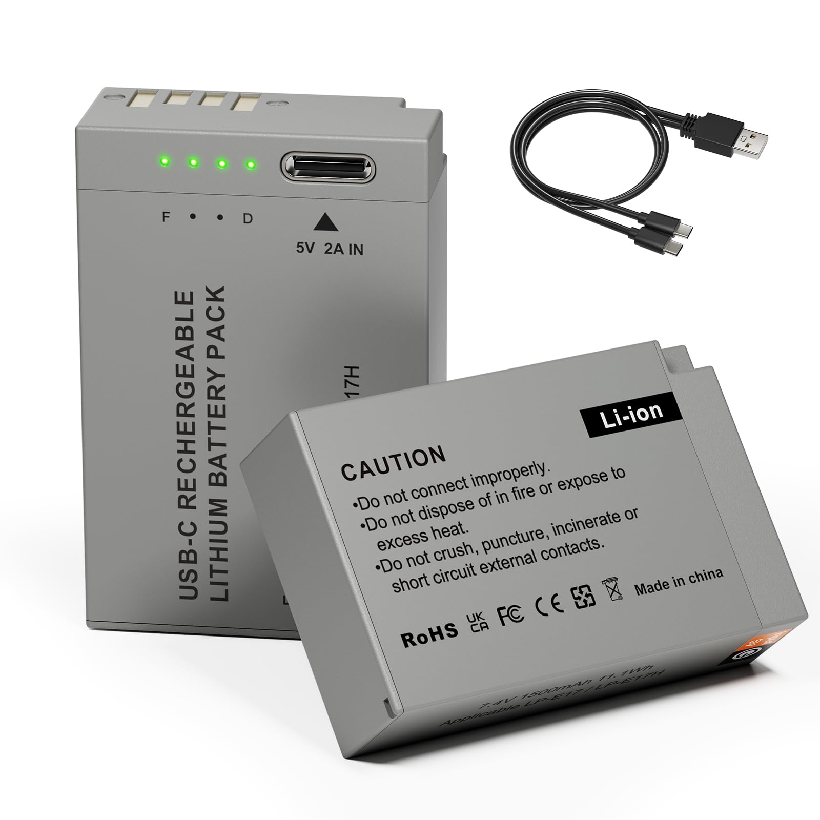 2 Pack 1450mAh LP-E17 Replacement Battery, Type-C Charging, Quick Battery Check Compatible with Canon EOS RP R50 R100 M3 M5 M6 M6 II Rebel SL2 SL3 T6i