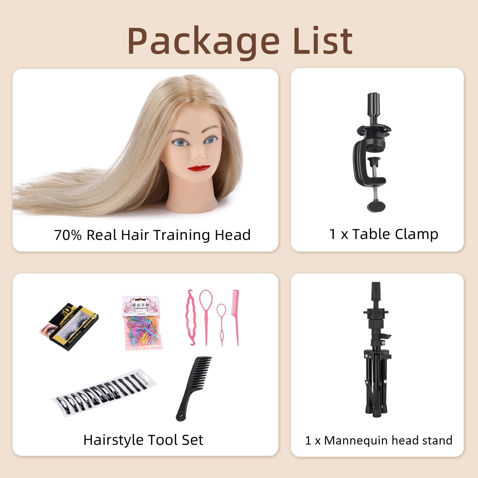 Frisierkopf mit Übungskopf Ständer 70% Echthaar Puppenkopf zum Frisieren Trainingsköpfe für Friseure Ausbildung Kopf mit Tischklemme, DIY Haarflecht Set (Blond)