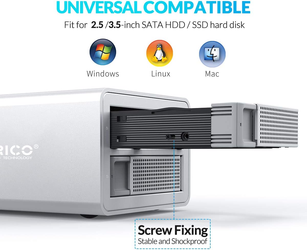 Hard drive installation into the ORICO enclosure with screw fixing.