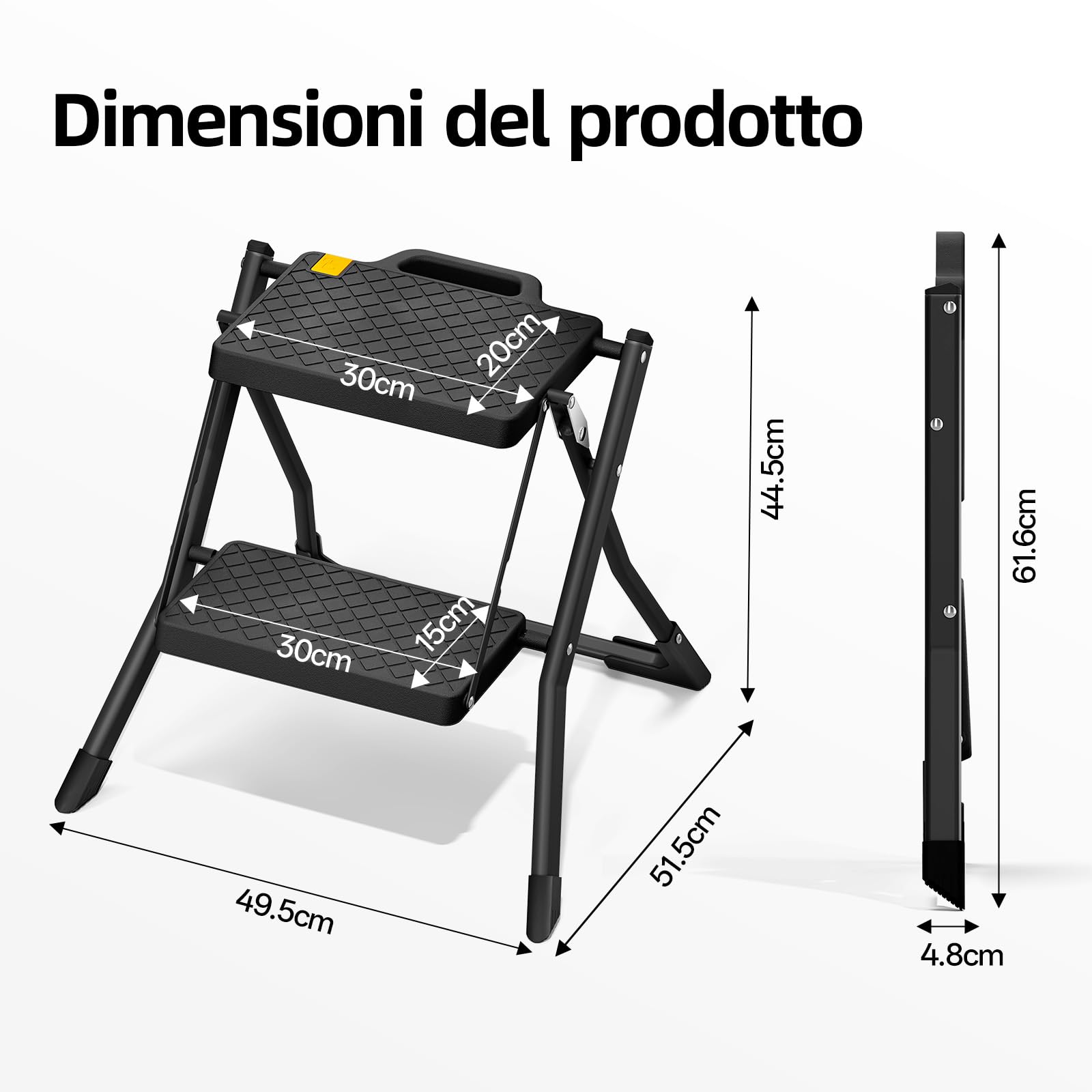 Urackify Scaletta 2 Gradini, Scalino Pieghevole con Pulsante di Sblocco | Sgabello con Pedana Antiscivolo, Leggero in Acciaio per Casa, Cucina, Camper, Roulotte, Portata fino a 150 kg, Nero