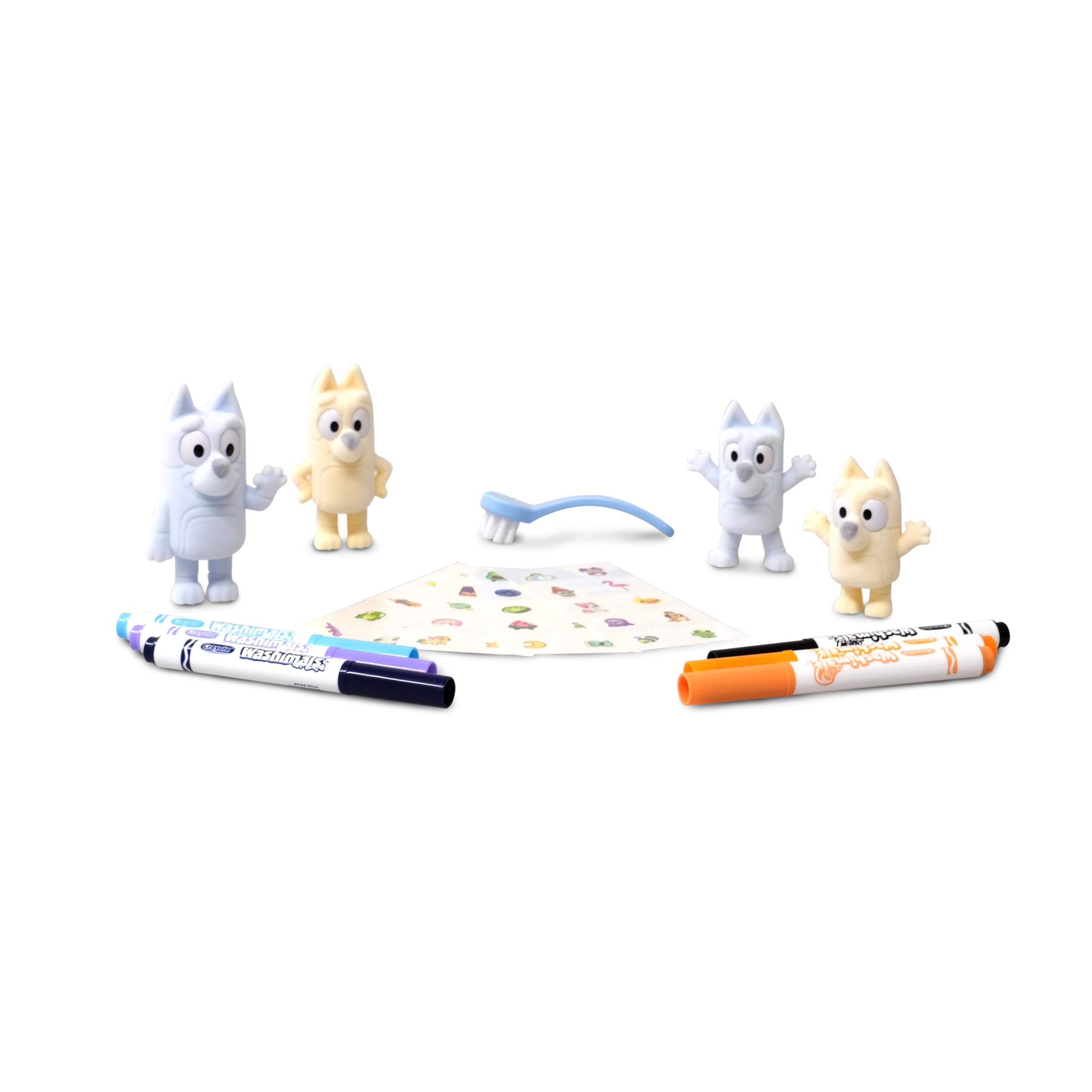 Crayola - Washimals Bluey, Set Attività con Adesivi e 4 cuccioli, 6 Pennarelli Lavabili, Adesivi e Spazzolina, Gioco e Regalo per Bambini, da 3 Anni, 74-0253