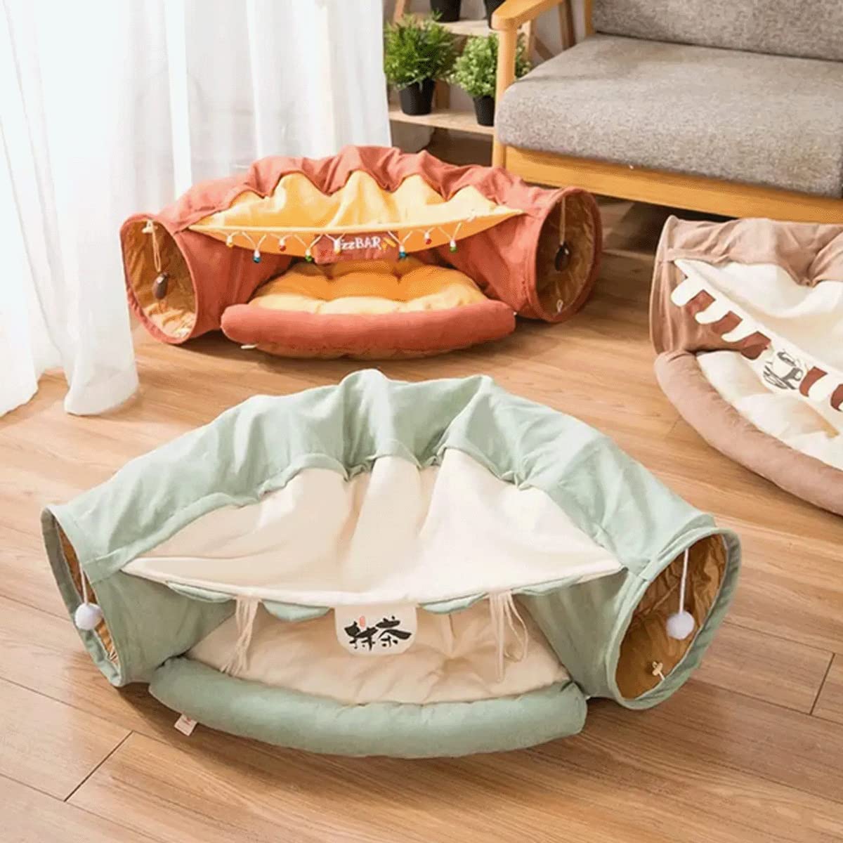 LEFTSTARER Túneles plegables 2 en 1 para gatos de interior, camas y escondite para mascotas, perros, conejos, hogar, tubos de túnel suaves, juguetes con alfombrilla extraíble lavable (barra)