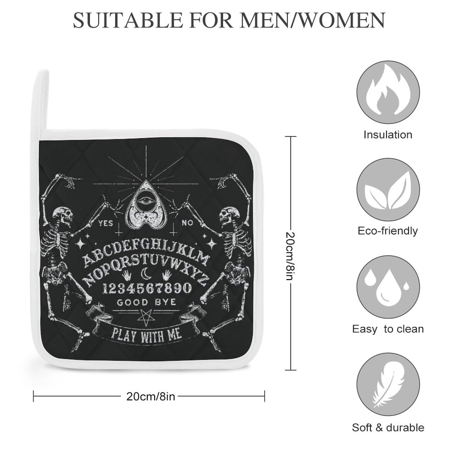 Black Gothic Skeleton Magic Witch Ouija Board Print Pot Holder Heat Resistant Potholder Trivet for Kitchen Cooking with Hanging Loop