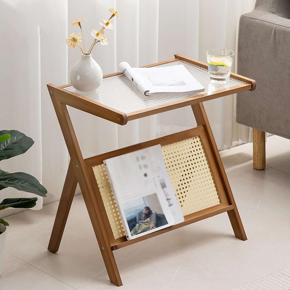 SXZenSpace Tempered Glass Snack Side Tables with Bamboo Rattan Frame, Modern End Table Storage Shelf,Couch That Slide under for Small Space,Living Room,brown,B