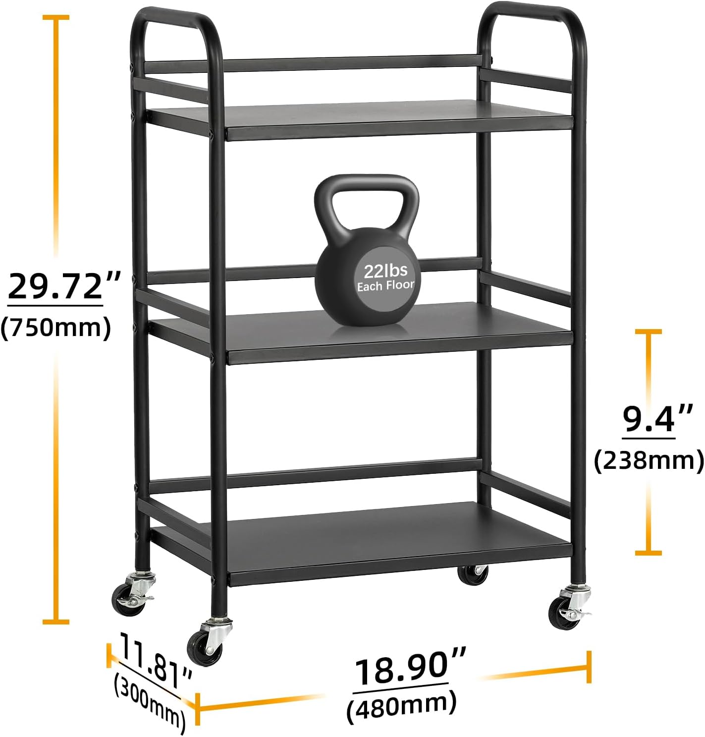 HDANI 3 Tier Rolling Cart Shelves,Heavy Duty Multifunctional Metal Frame-Supports 22 Lbs Per Tier,Rolling Cart with 2 Lockable Wheels for Home,Office,Kitchen,Bathroom,Bedroom,Black
