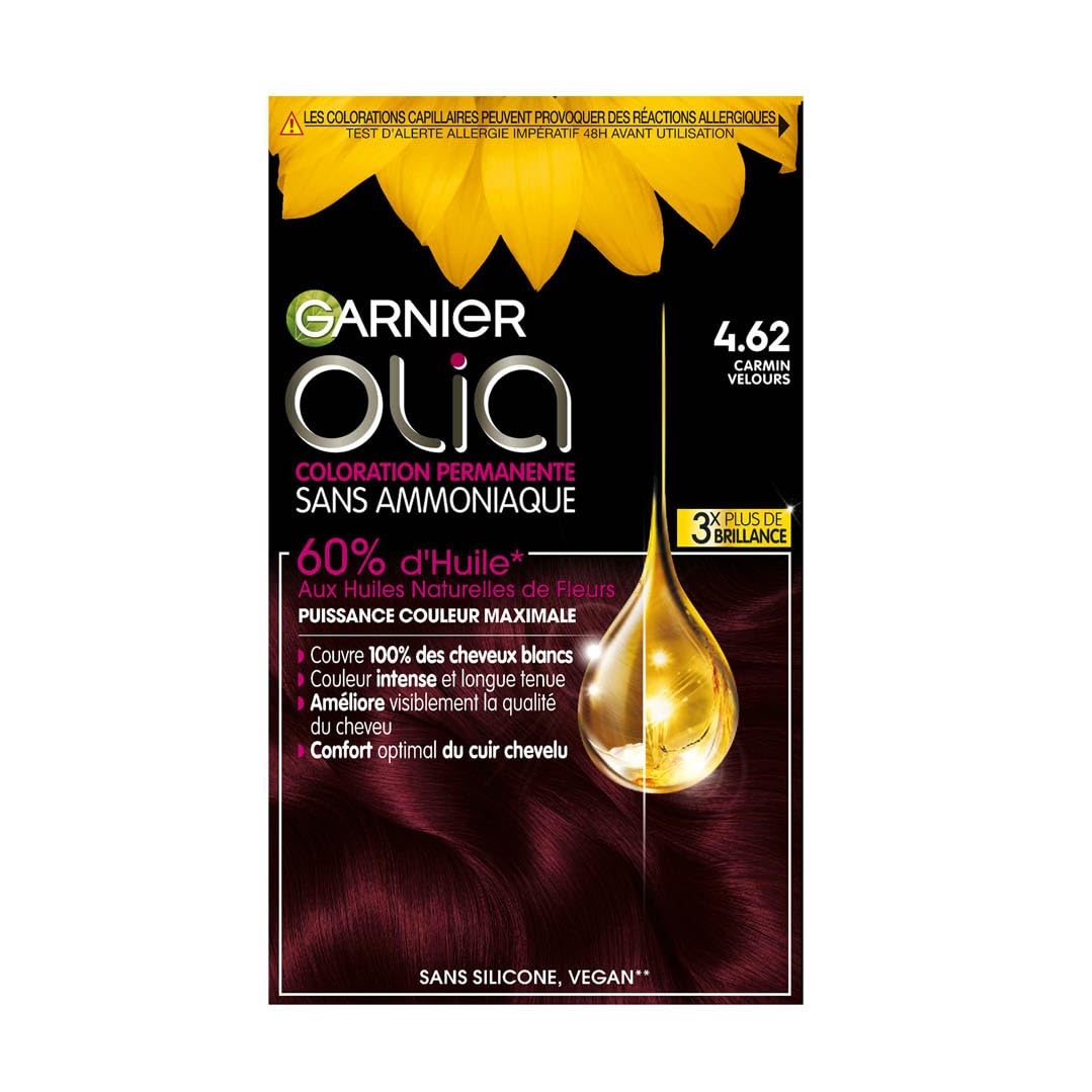 Garnier Coloration Permanente - Sans Ammoniaque - Aux Huiles Naturelles de Fleurs - Carmin Velours (4.62) - Olia