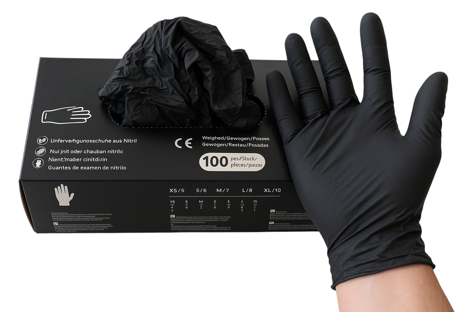 Lot de 100 gants jetables en nitrile sans poudre et sans latex - Taille S à XL - Pour usage médical et commercial - Noir