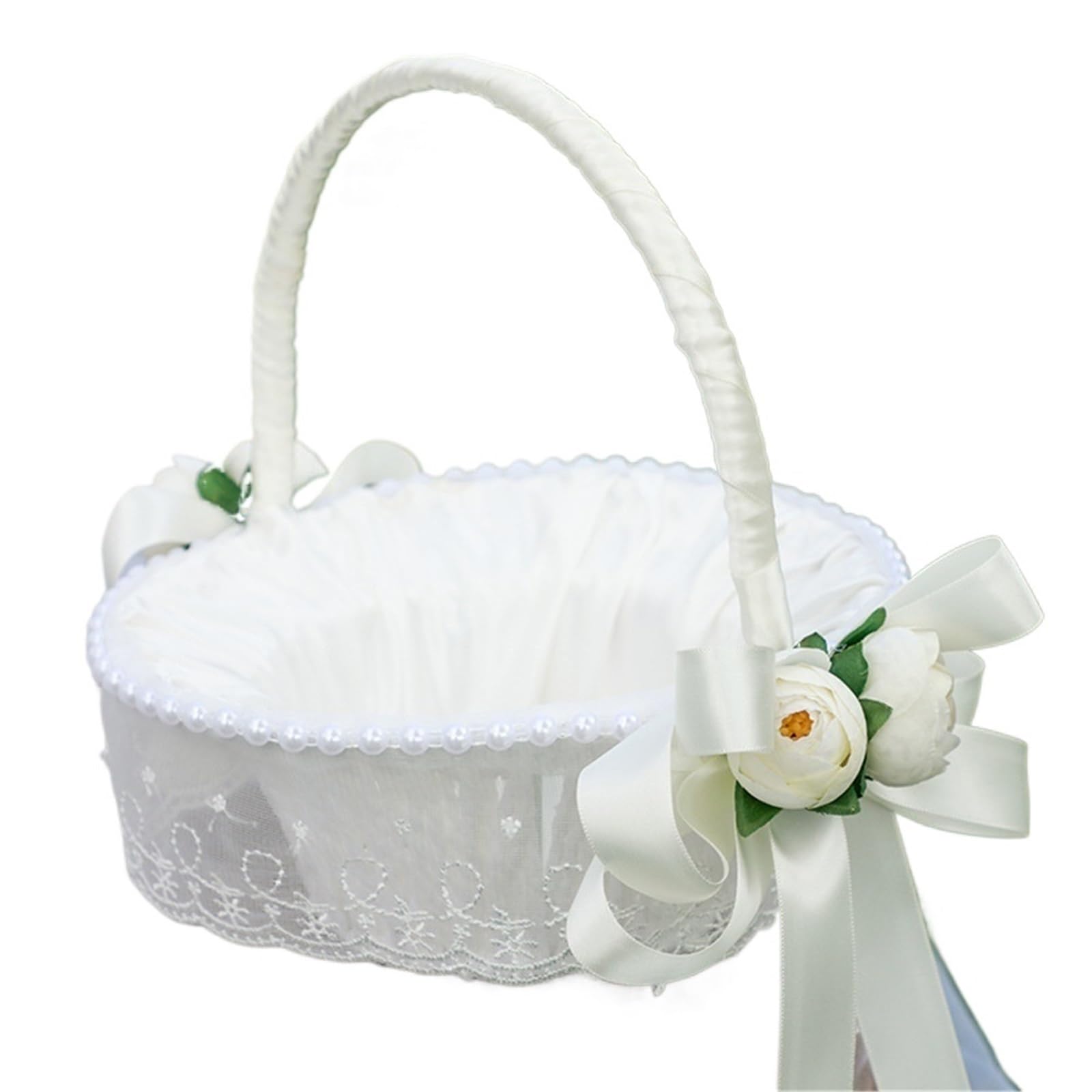 Flower Girl Bow Basket White Lace Pearls Satin