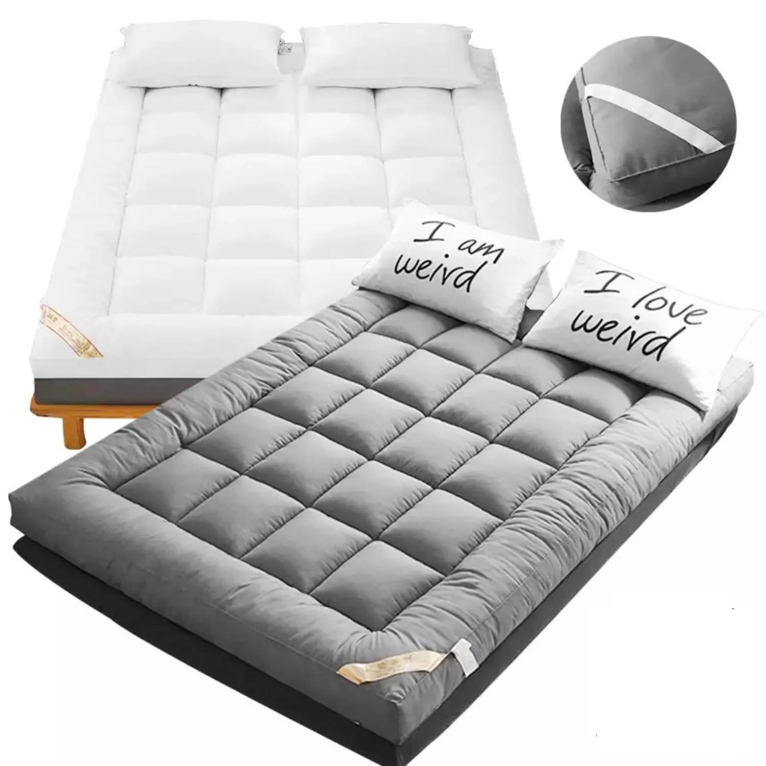 Hotel Quality Mattress Topper 5cm/10cm Deep Thick Single Double King Super White & Grey (Gray, Double(137X190cm) 5cm)