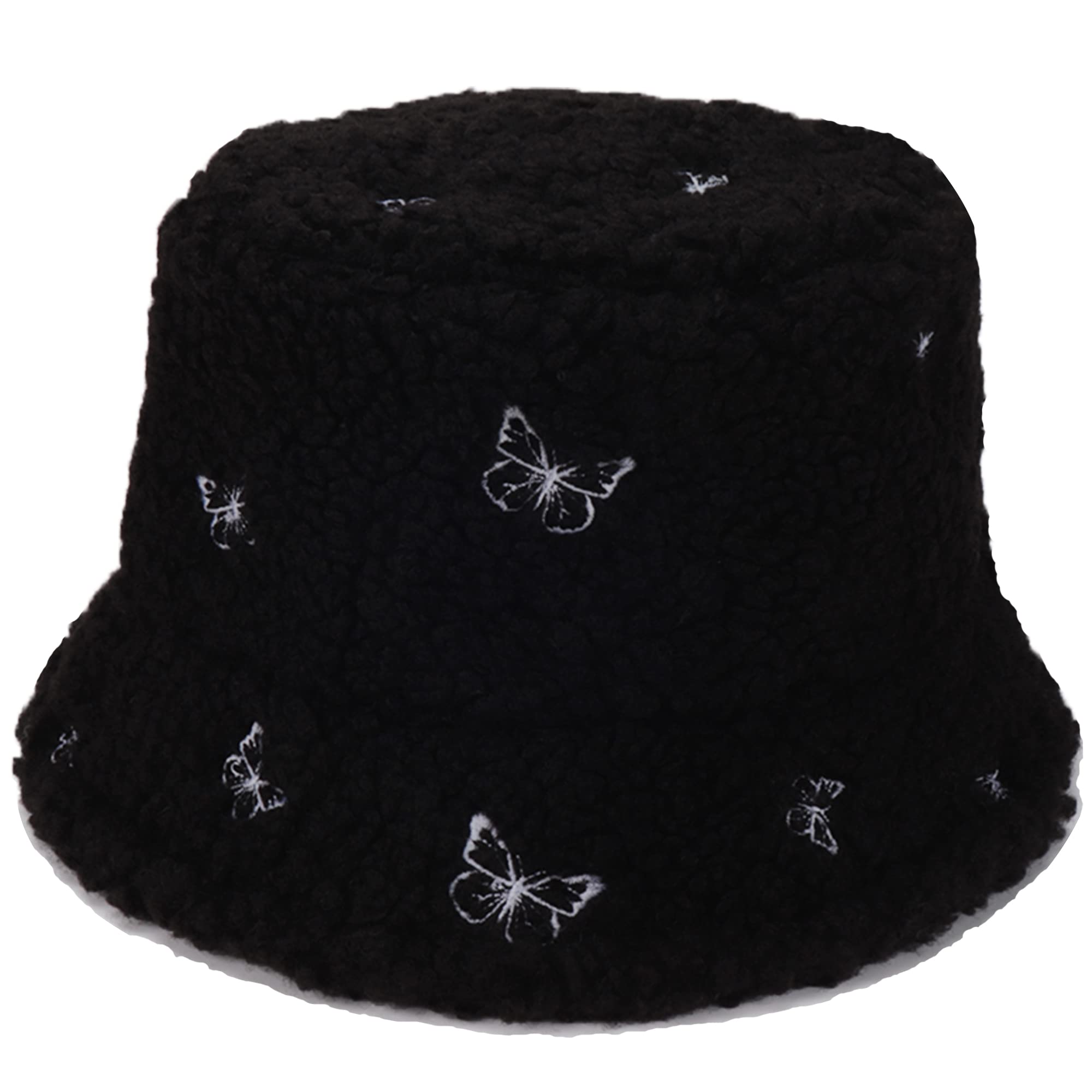 VoilipexWinter Warm Plush Fuzzy Bucket Hat Faux Fur Shearling Butterfly Fisherman Hats for Women