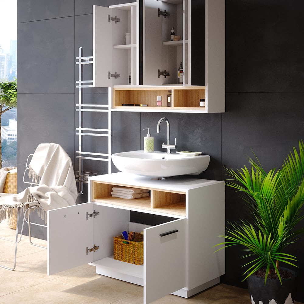 Vicco Set mobili bagno Beatrice, Bianco, 80 cm, composto da specchio da bagno e mobile sottolavabo