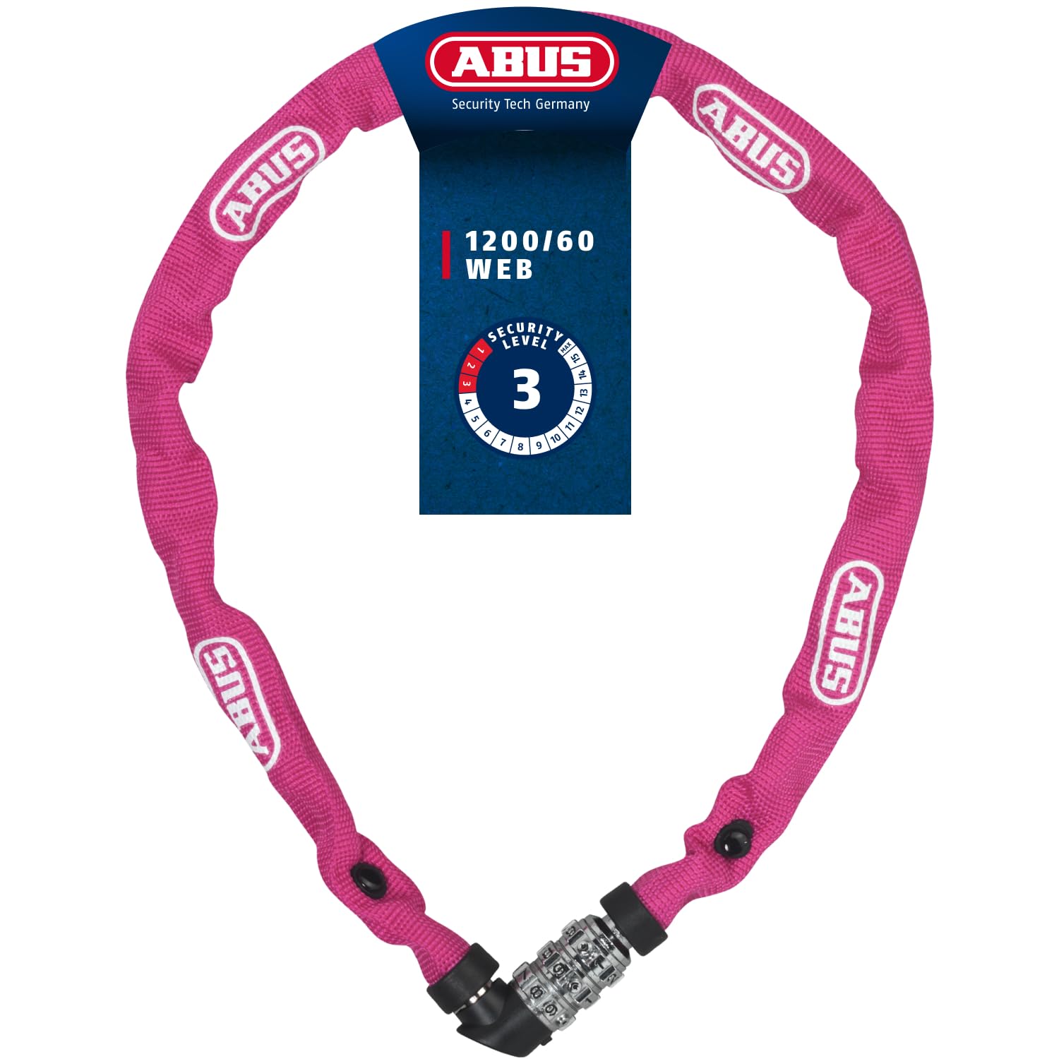 ABUS Kettenschloss 1200 Web – Zahlenschloss mit 3-stelliger Kombination – Kette aus gehärtetem Stahl – Leichtes Fahrradschloss mit Farbauswahl – Fahrradzubehör – 60 cm – Pink