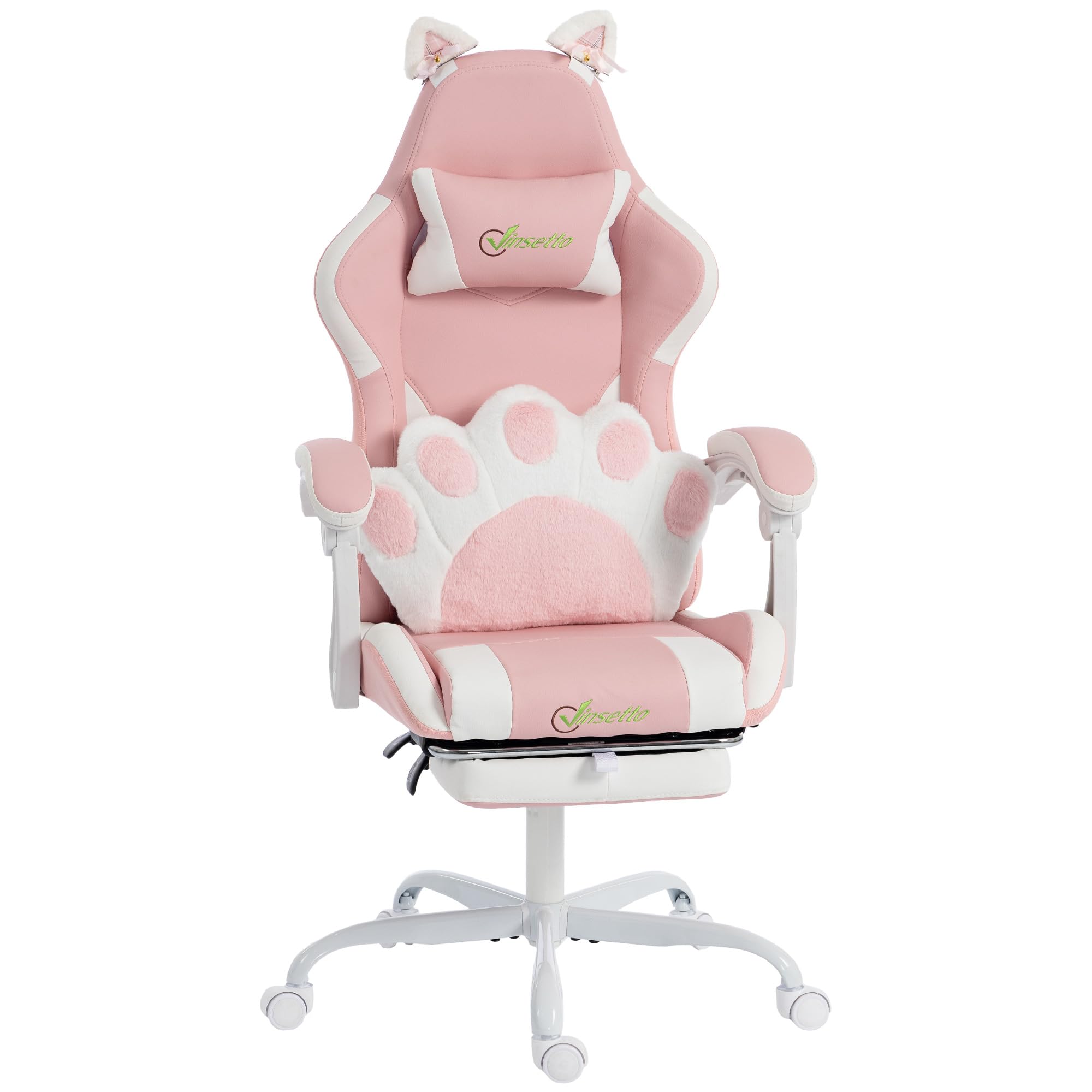 Vinsetto Sedia Gaming Ergonomica con Orecchie da Gatto, Poltrona Gaming Ufficio Reclinabile in Finta Pelle con Poggiapiedi, Poggiatesta e Altezza Regolabile, Supporto Lombare e Cervicale, Rosa