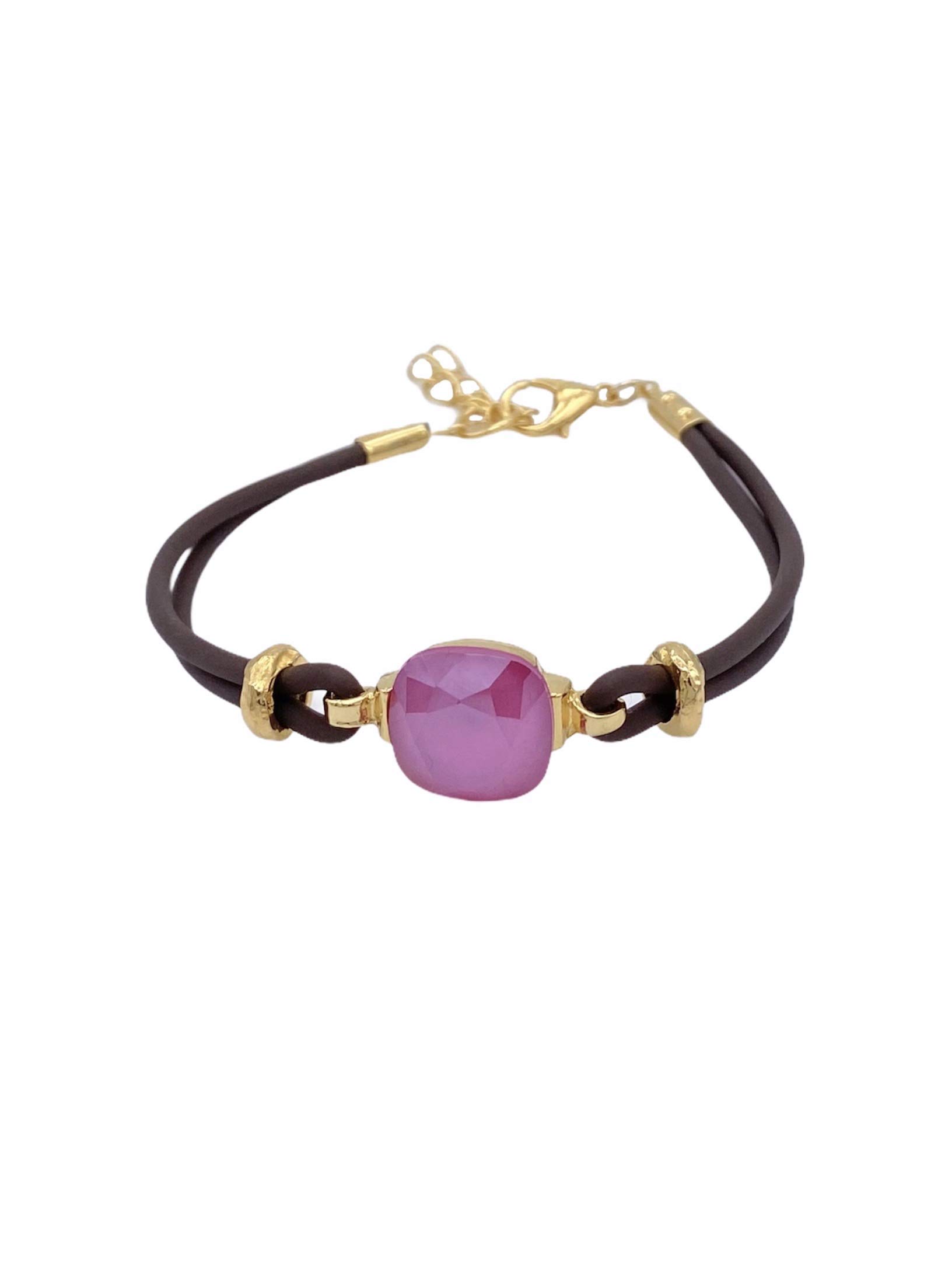 Pulsera de caucho marrón y cristal, base dorada chapada en oro 18k, tamaño ajustable, diseno exclusivo, regalos para mujer