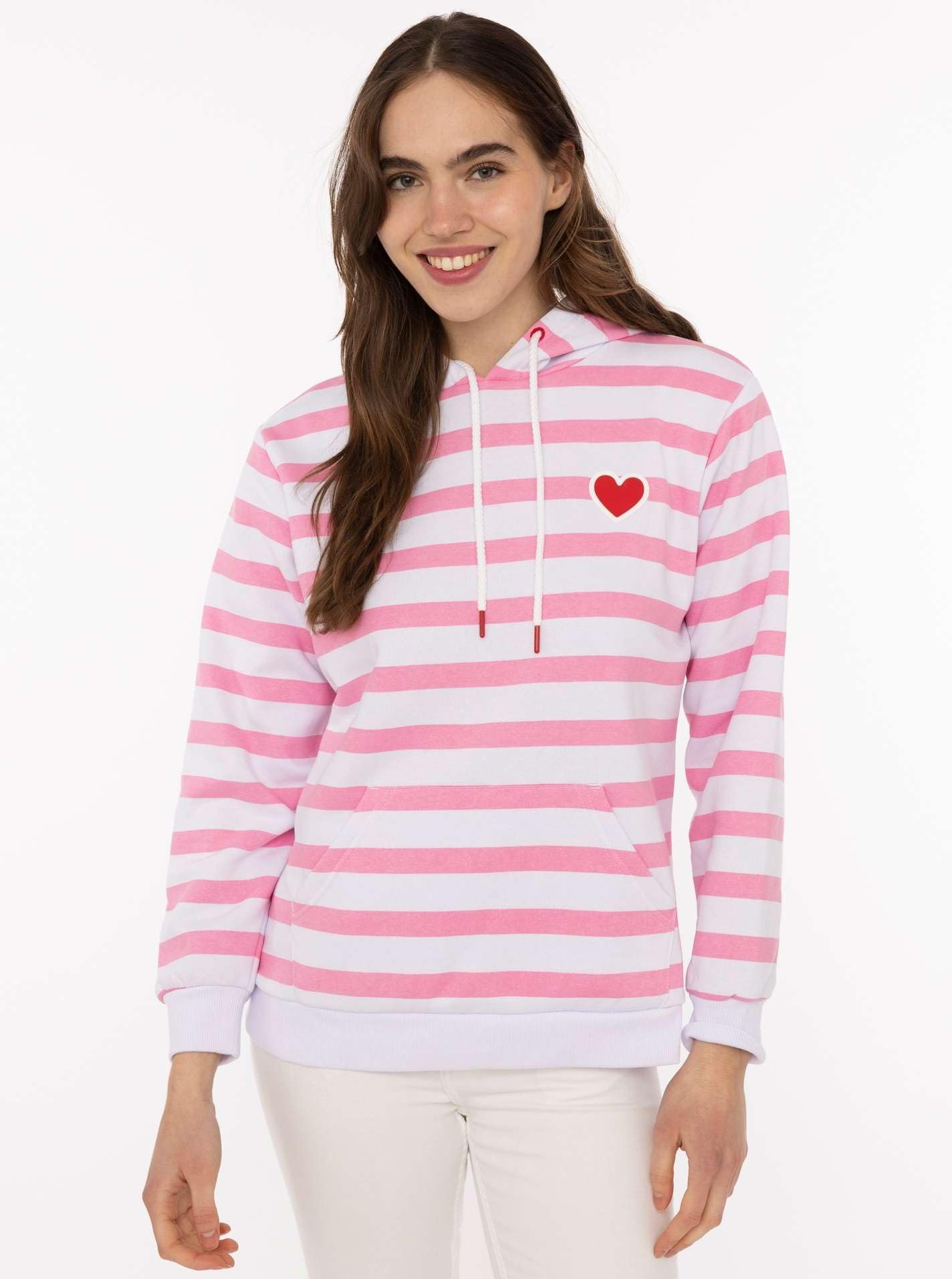Zwillingsherz Damen Hoodie mit Kapuze – Gestreifter Kapuzenpullover mit Herzmotiv – Kuscheliger Oversize Pullover – Weicher Sweatshirt Look für Frühling, Herbst & Winter – Loungewear Mode