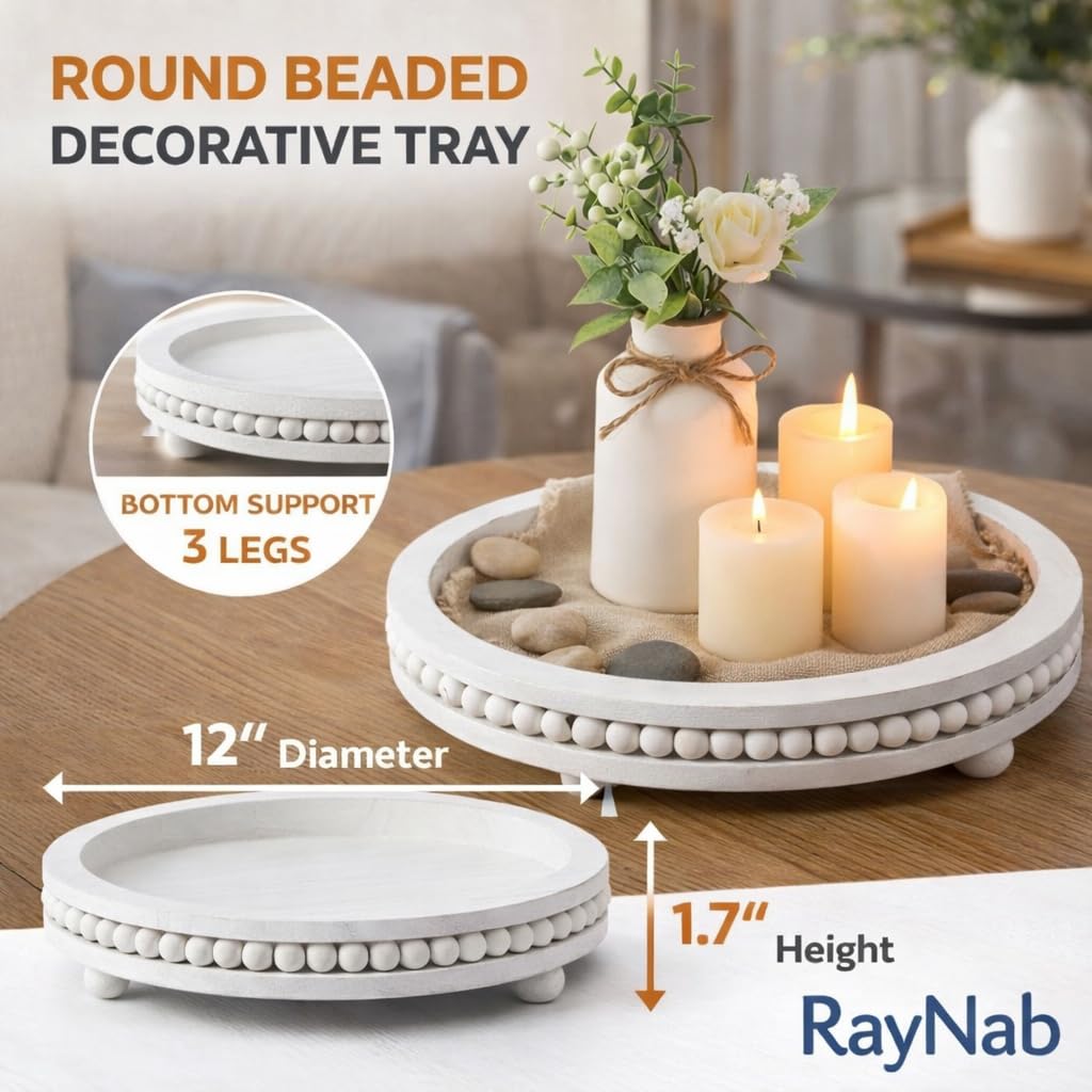 Bandeja decorativa redonda de madera de 11 pulgadas para decoración del hogar, bandeja decorativa blanca con cuentas de madera, bandeja redonda de madera para sala de estar, mesa de café y decoración