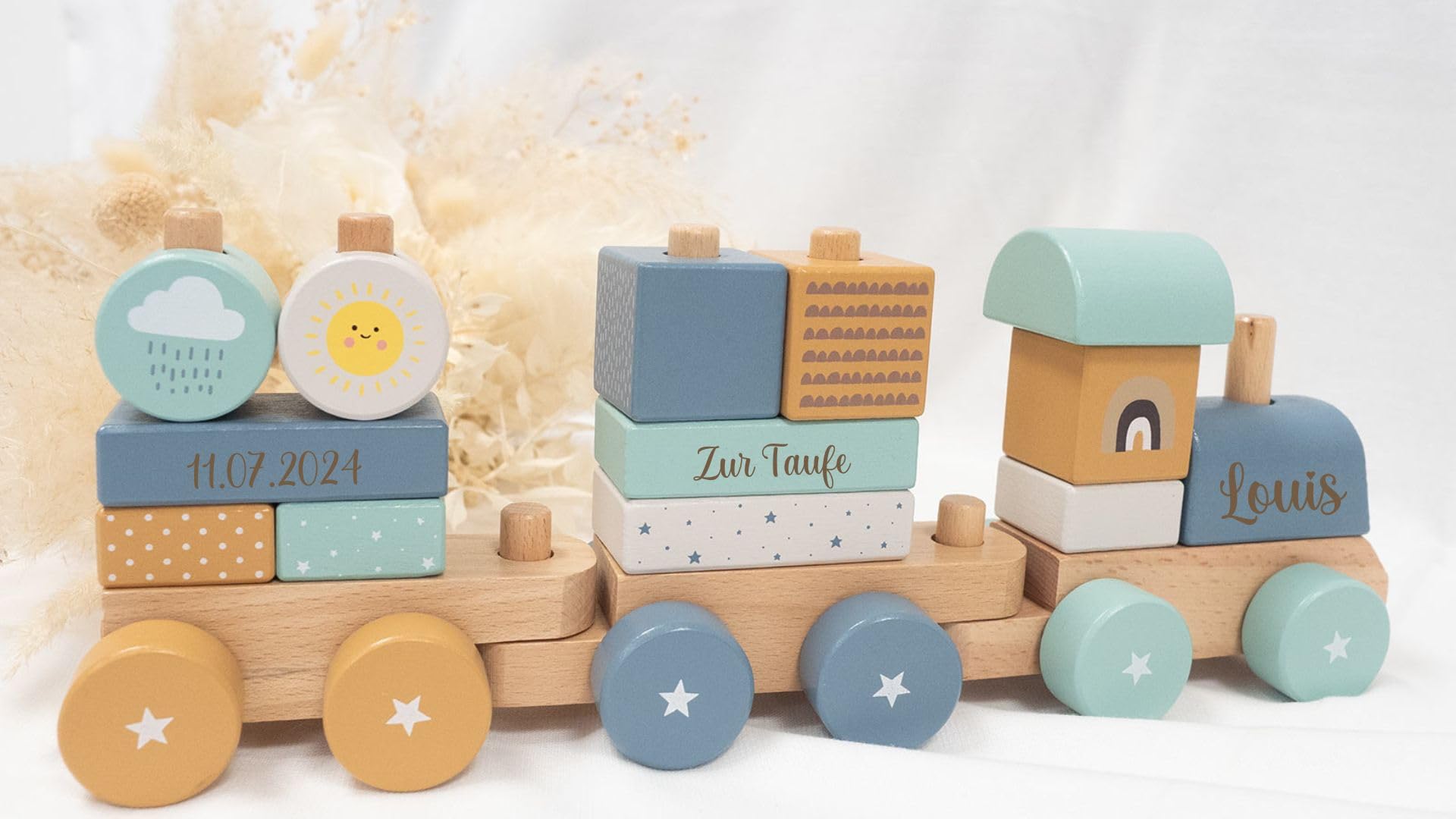 Holz Eisenbahn REGENBOGEN I Taufgeschenk Junge I Holz Zug mit Name personalisierbar Holzzug personalisiert I Babygeschenk Jungen