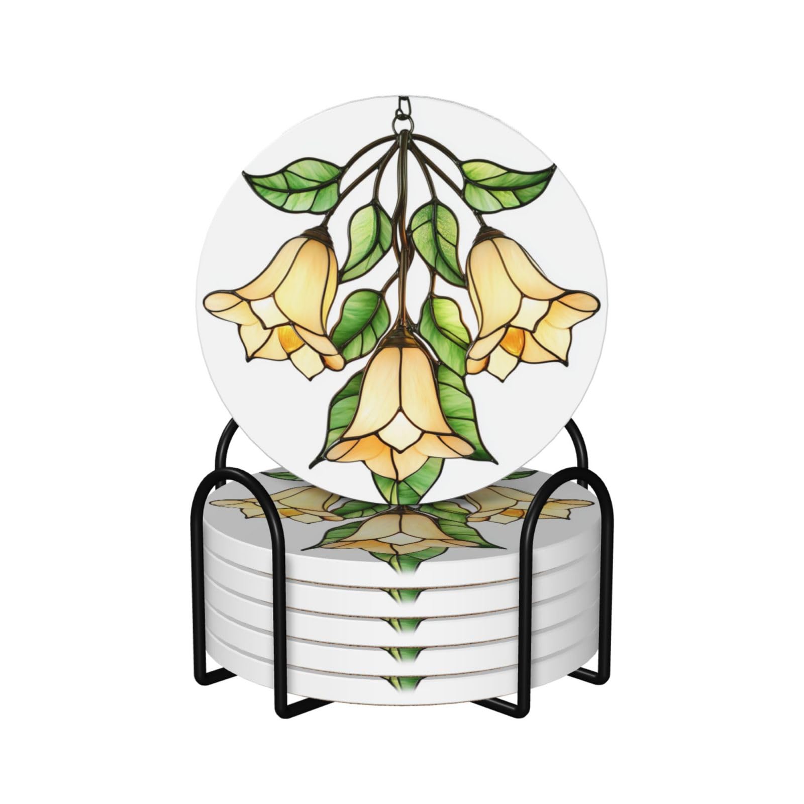 Bell-Shaped Flowers and Green Leaves Ceramic Coasters with Holder 6ps