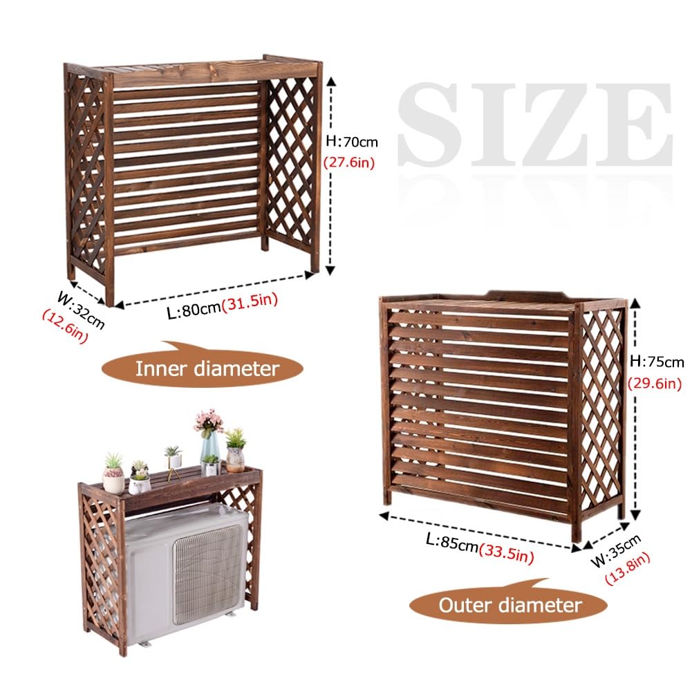 Pokrowiec na klimatyzator zewnętrzny odporny na warunki atmosferyczne ochrona mobilna duża półka kwiatowa na balkon dekoracyjny brązowy drewniany design (rozmiar: dł. 85 x szer. 35 wys. 75 cm)