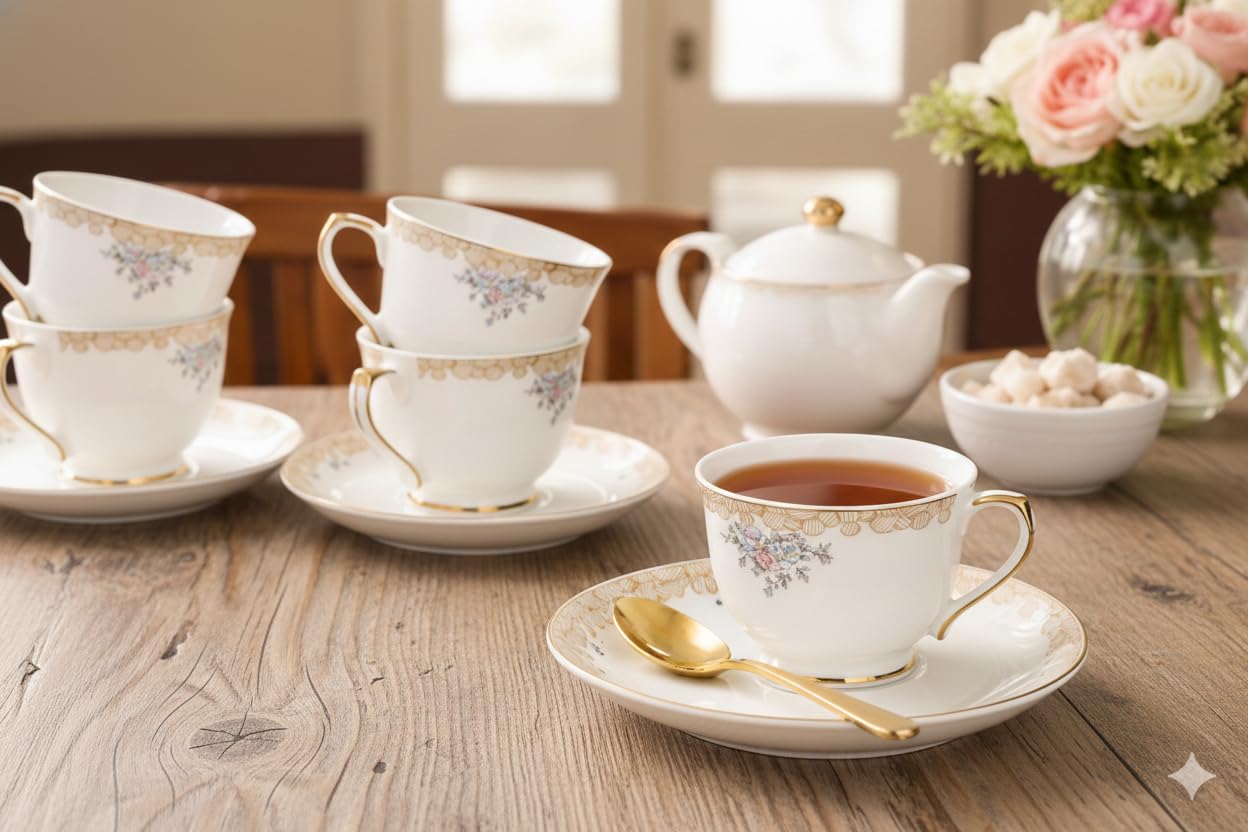 Fine Bone China White Gold Cups and Saucer with Golden Rim, 180 ml Tea Cup Set of 6 Cup and Saucer Set for Tea Milk & Coffee Chai, Tea Cup Set Mug