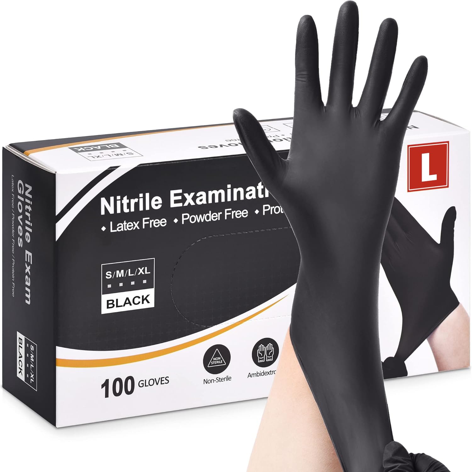 Black Nitrile Disposable Gloves - Latex Free, Powder Free, Exam, Surgical, Cleaning, Food Gloves - Extra Strong, Multi-Purpose, Black (L, 100, count)