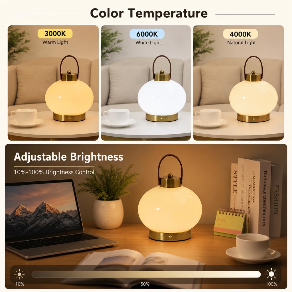 Kugellampe LED Dimmbare Akku Tischlampe Batteriebetrieben USB Aufladbare Leselampe 3000K Warmes Licht Batteriebetrieben Tischleuchte 2000mAh Runde Glaslampenschirm Wohnzimmerlampe