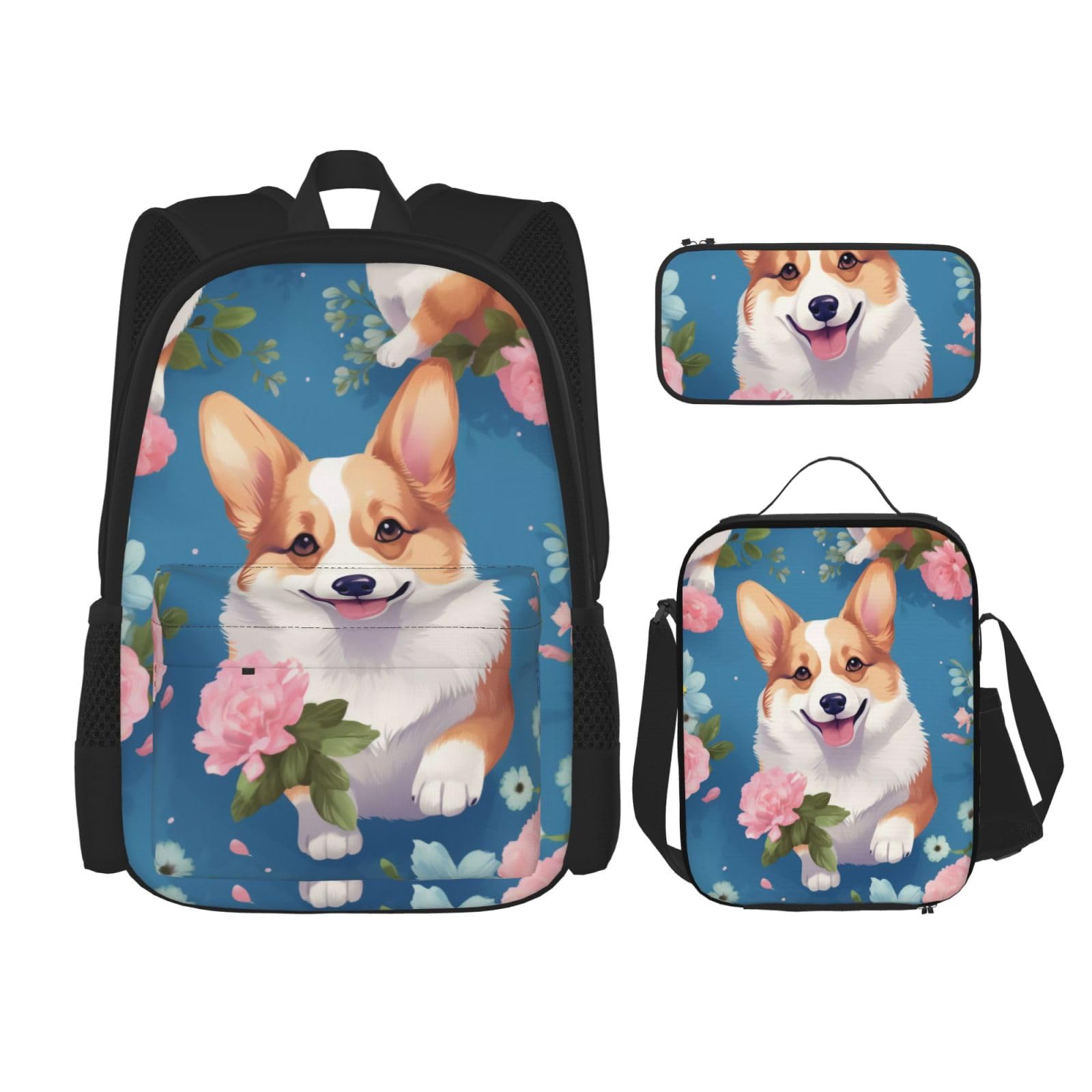 Corgi - Set di 3 zaini per computer portatile, motivo floreale, con borsa termica per il pranzo e organizer per lavoro