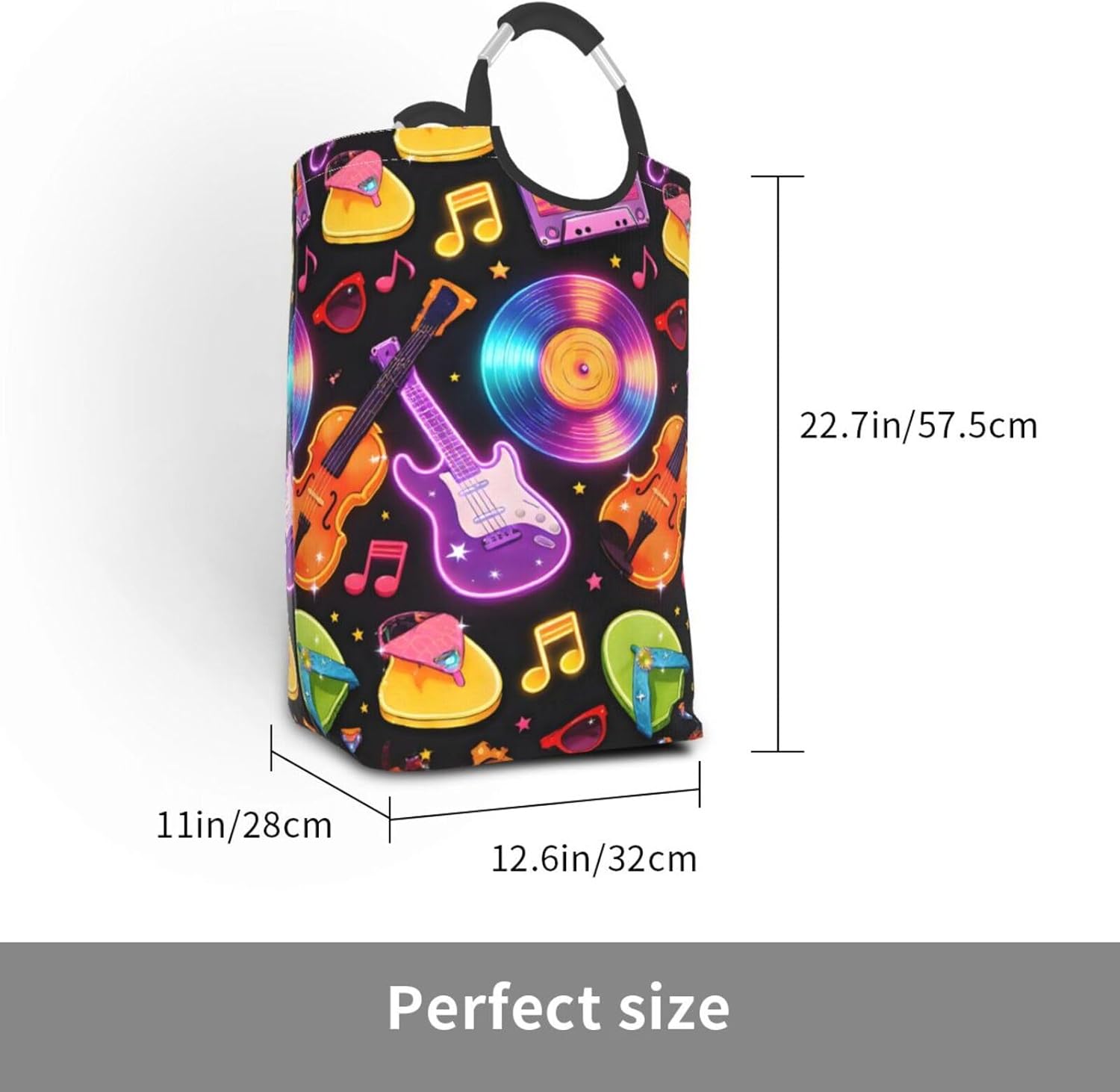 Summer Neon Melody Foldable Dirty Laundry Bag, Waterproof Oxford Fabric With Pe Board Base, 50l Capacity For Home & Travel