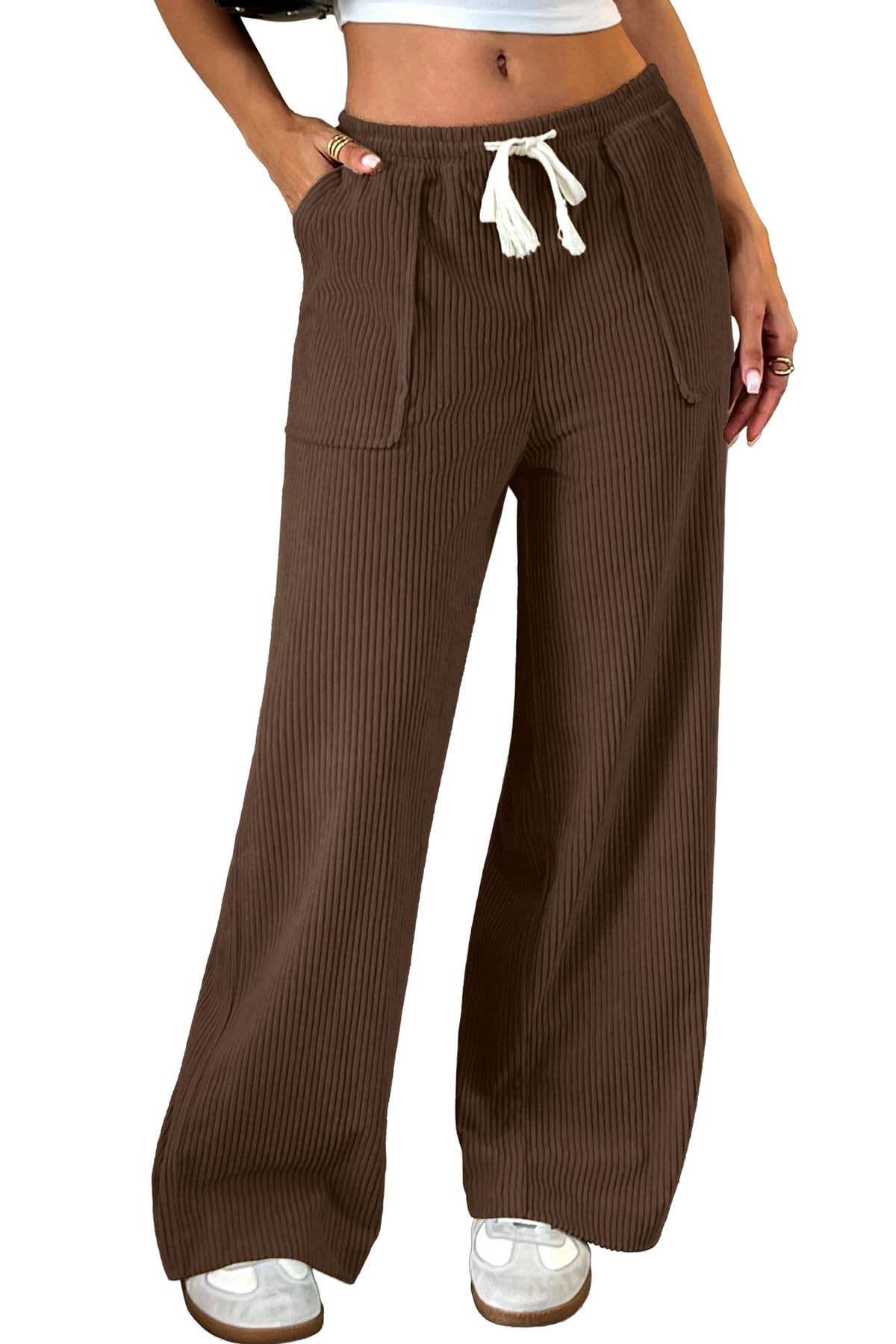 ELLEVEN Womens Straight Leg Corduroy Pants Elastic High Waisted with Drawstring Pockets - Casual Fall Trousers