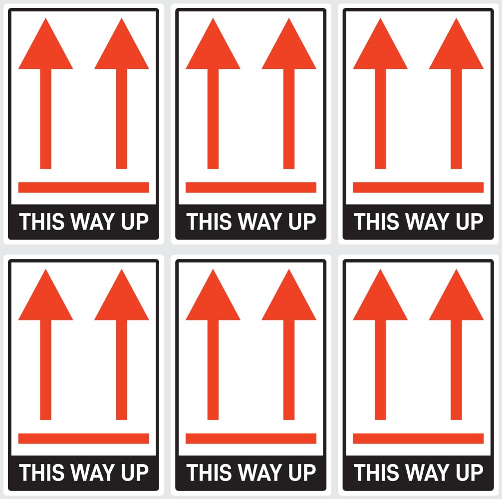 Pegatinas: 75 x 50 mm, 6 unidades, etiquetado de paquetes, orientación del paquete, flechas aquí arriba, this way up, ADR/GHS/DGR/UN