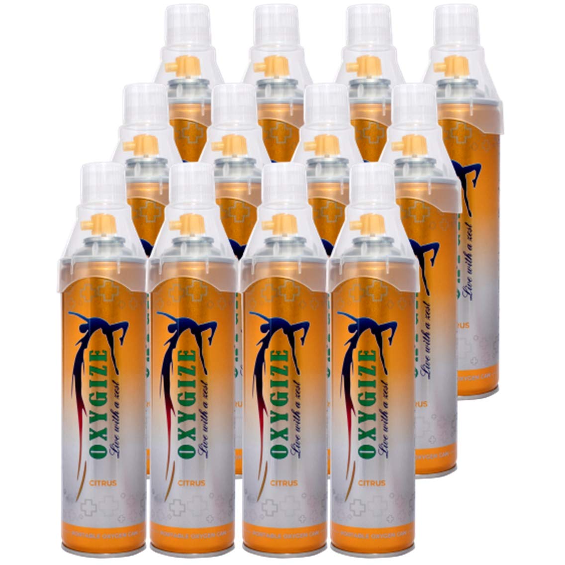 Oxygize Portable Citrus Flavour Oxygen Can Cylinder Canister With Inbuilt Mask Protect For Air Pollution, Quick Recovery, Boosting Immune System, Easy To Carry (Each Can 10Ltr, & 150 Breaths Approx.) Pack-12