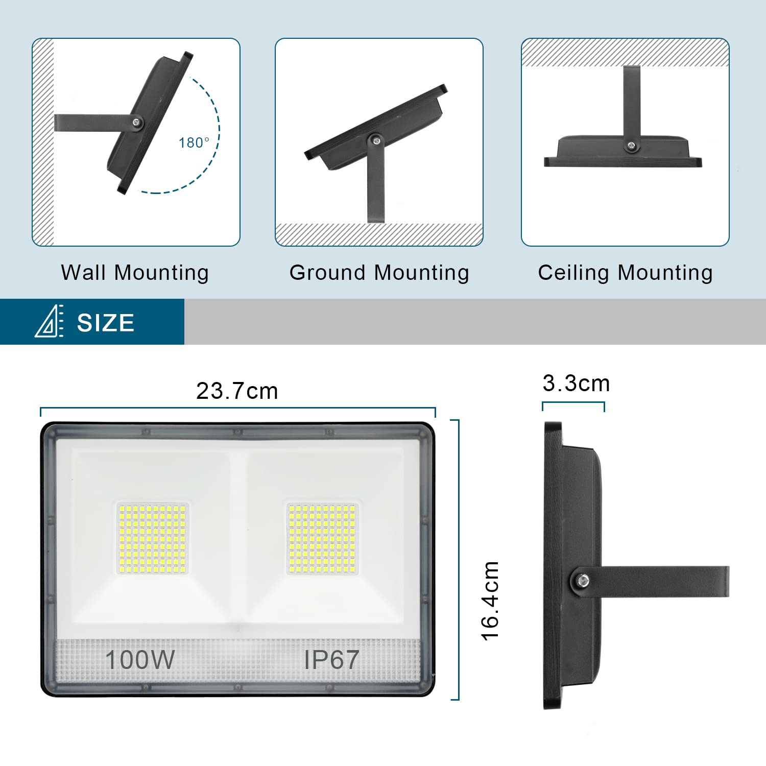 YIQIBRO Projecteur LED Exterieur 100W 2 Pièce, 2 en 1 IP67 Imperméable Spot LED Extérieur, 10000LM 6500K Blanc Froid Eclairage de Sécurité, Luminaire Pour Patio, Terrasse, Jardin, Garage, Usine
