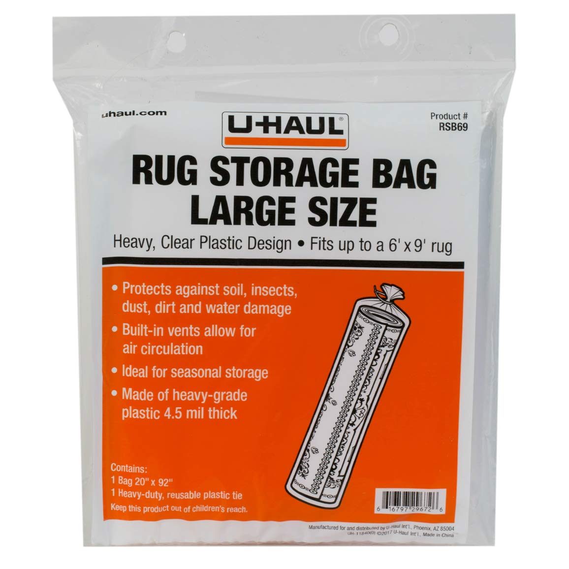 U-Haul Large Rug Storage Bag (Fits Rugs up to 6' x 9') - Protection for Large Rolled Rug - 20" x 92"