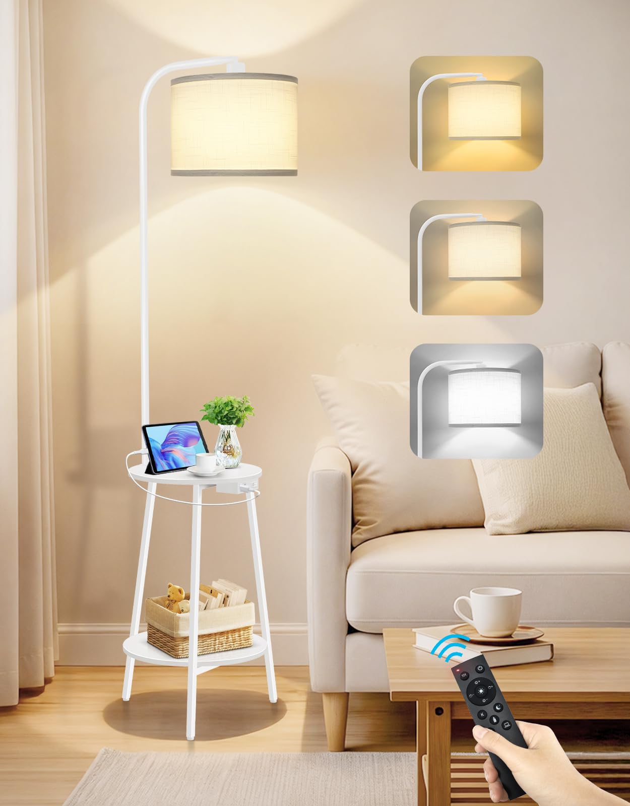 Lámpara de pie LED regulable con mesa auxiliar USB para salón 8