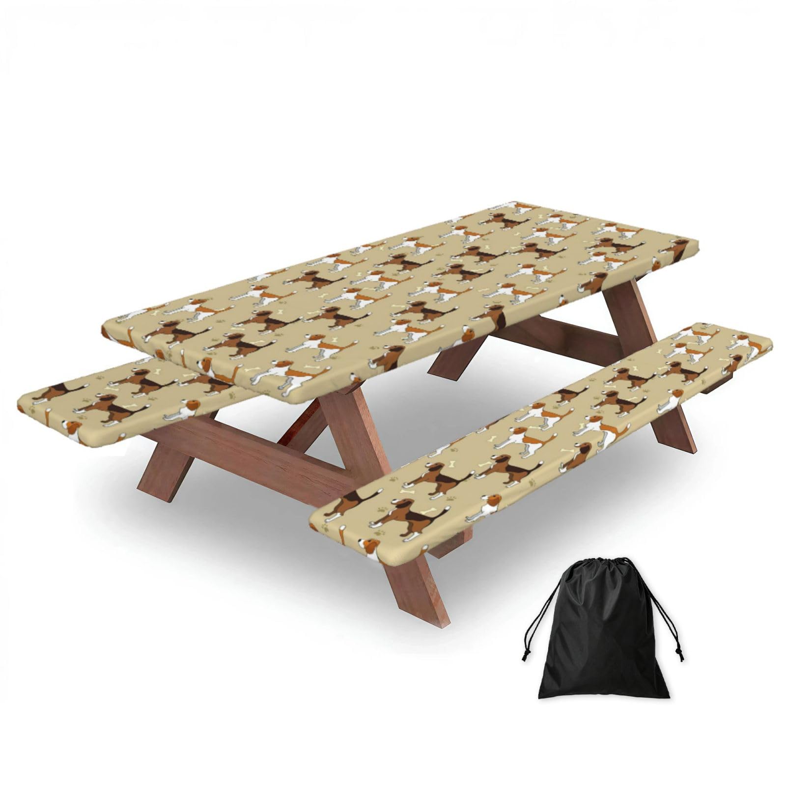 Yqxwjl Black Cartoon Beagle Dogs Print Camping Essentials Waterproof Camping Table And Bench Cover With Drawstring Bag 183 Cm
