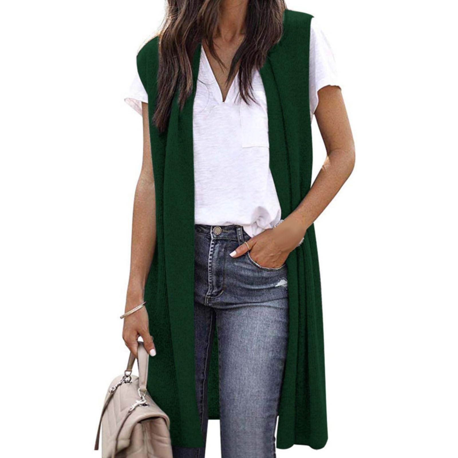 Chaqueta de punto para mujer de un solo color con frente abierto, chaleco de punto largo elástico, chaleco informal sin mangas, elegante, fino, sin mangas, abrigo de punto, cárdigan de punto monocolor