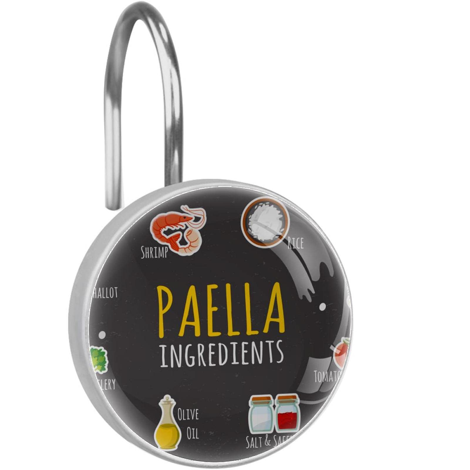Rideau de douche et crochets en acier inoxydable motif paella pour salle de bain