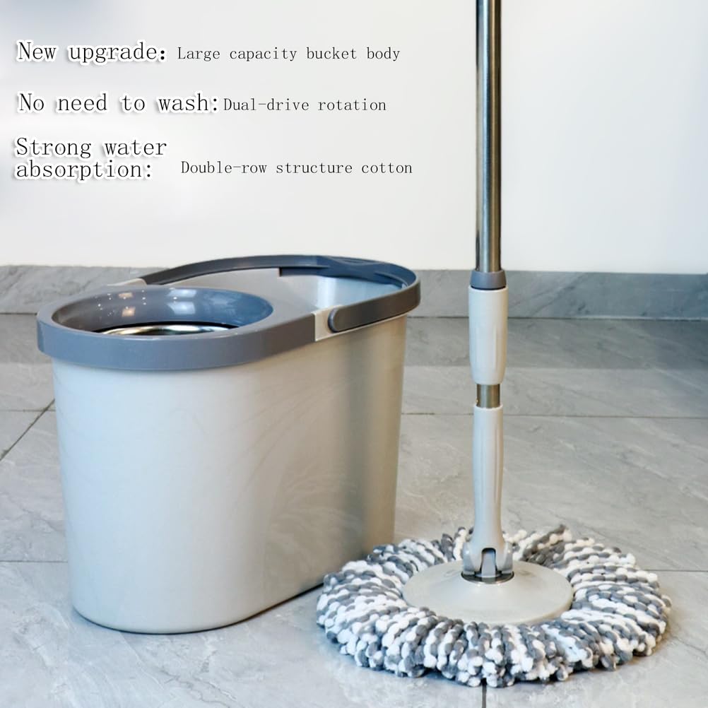 Spin Mop and Bucket Set Hand Press Self Wringing Floor Cleaning System 2 Microfiber Mop Heads 360° Swivel Head