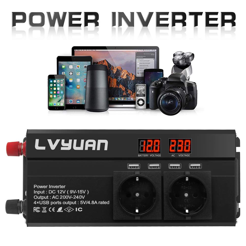LVYUAN Convertisseur 12V à 220V 800W/1600W Onduleur avec 4 Ports USB, 3 AC et 2 LED Display